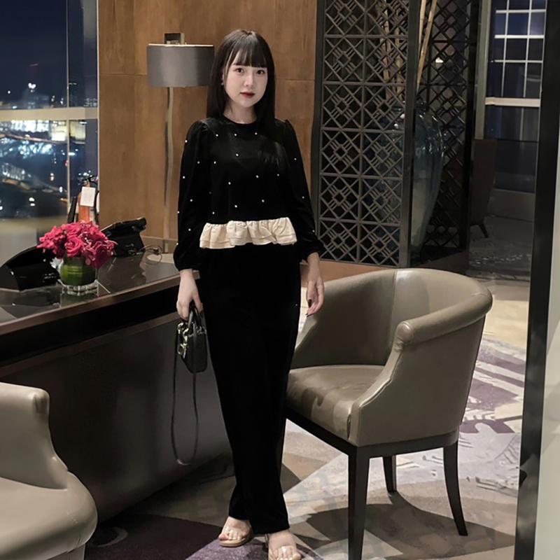 set áo nhung bèo đính đá kết hợp quần nhung sang trọng, set bộ nữ áo quần dài thu đông Kem Jacket