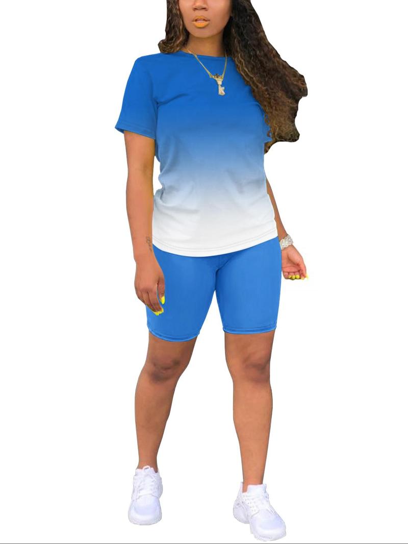 Product Introduction of Women's Ombre Print Tee & Shorts Two-piece Set, Casual Round Neck Short Sleeve T-shirt & Skinny Shorts for Daily Wear, Ladies Summer Clothes 4