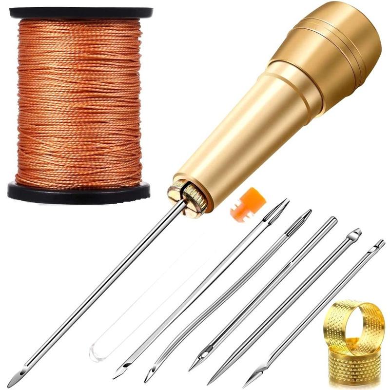 Product Introduction of 1Set Portable Sewing Awl Needle Handmade Leather Sewing Tools with Copper Handle Nylon Thread Leather Sewing Tapered Needles Straight Hook DIY Craft Leather Sewing Kit DIY for Shoes and Leather Repairs 18