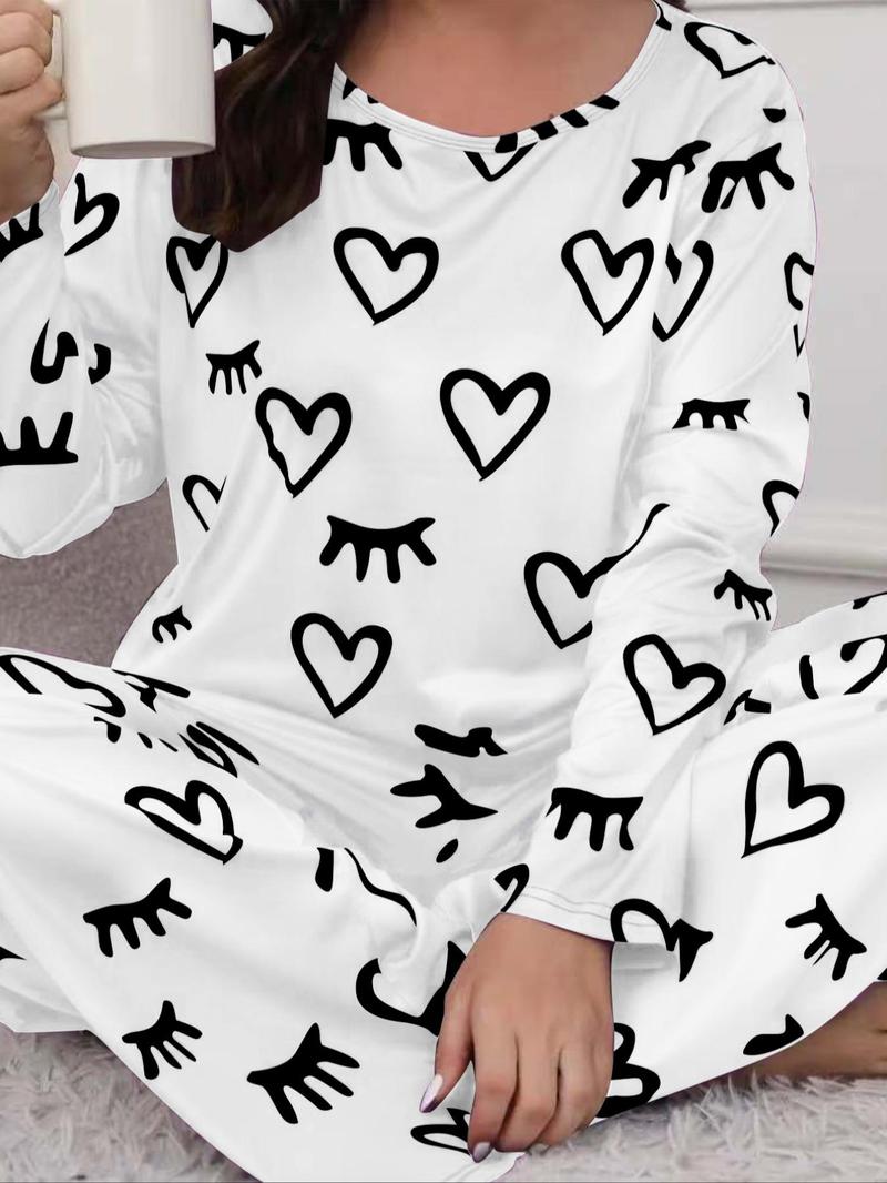 Product Introduction of 【Plus Size】Women's Heart Print Pyjama Set, Casual Comfort Round Neck Long Sleeve Tee & Elastic Waist Pants Set, Women's Sleepwear for Spring & Fall, Pajamas 15