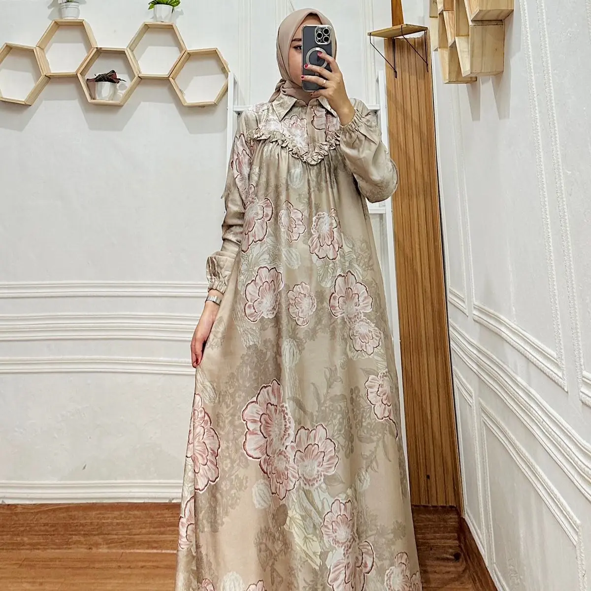 SANTORINI DRESS |Gamis Lebaran Bahan Santorini Silk Premium/Gamis Semi sutra Silk/ Formal Gamis Muslim Mewah Kantong Wanita Rempel Nyaman Kotak Motif Remaja Simple