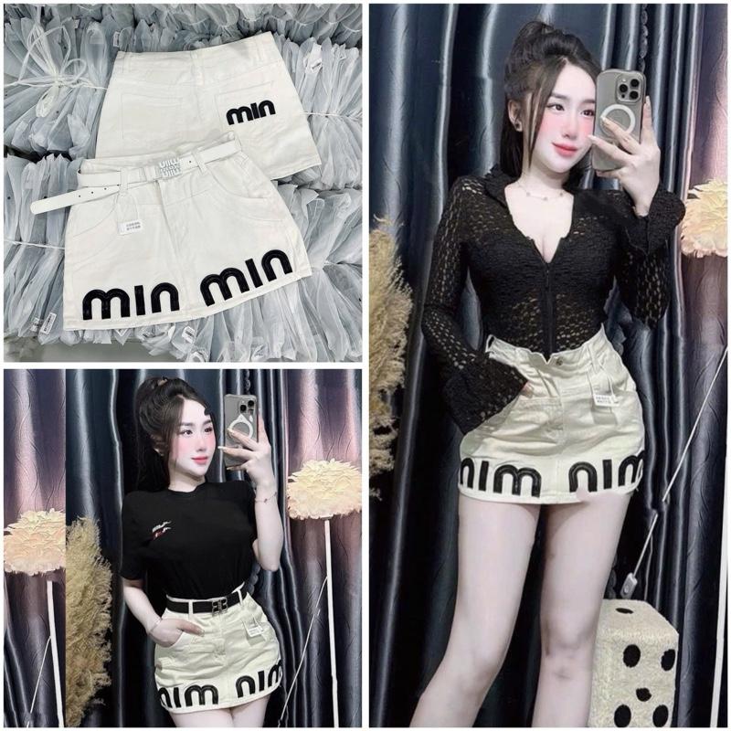 Chân Váy Jeans Phối Da Thêu MM Ôm Dáng  Nữ Women