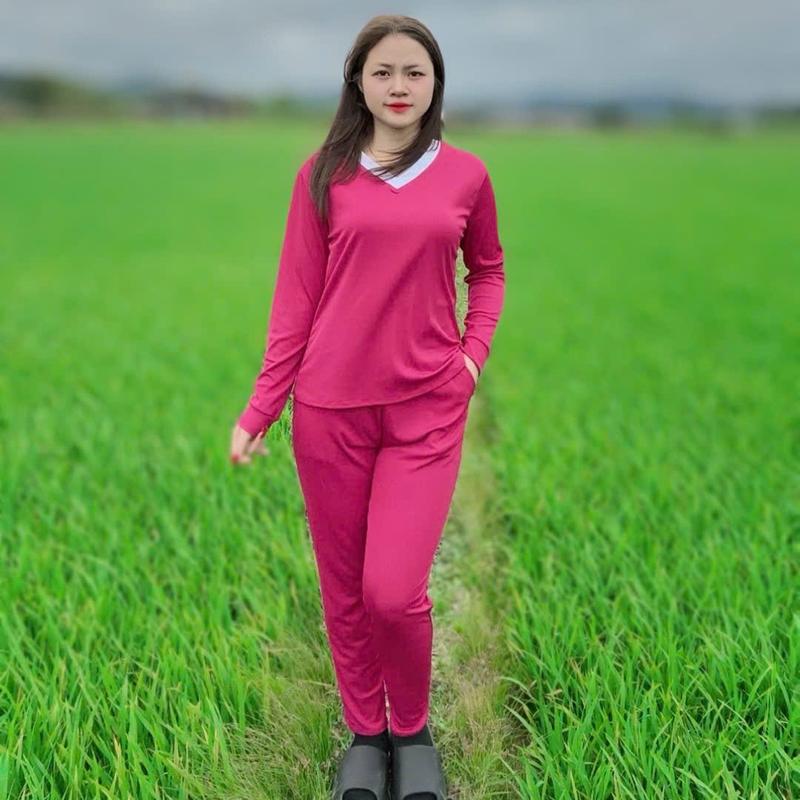 Đồ Bộ Cổ Tim Dài Phối Cổ Mặc Nhà Chất Thun Tăm Lạnh Trẻ Trung Dành Cho Nữ Áo 2