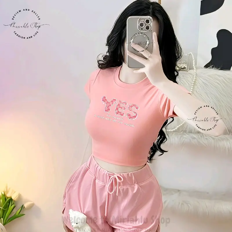 Áo Croptop Borip Ôm Body Nữ Form Basic Cổ Tròn Tay Ngắn In Chữ Yes, Women Thun Sen Sò Hoa Sen Trắng Kem Tre Tim Lịch Dáng Ngắn 8