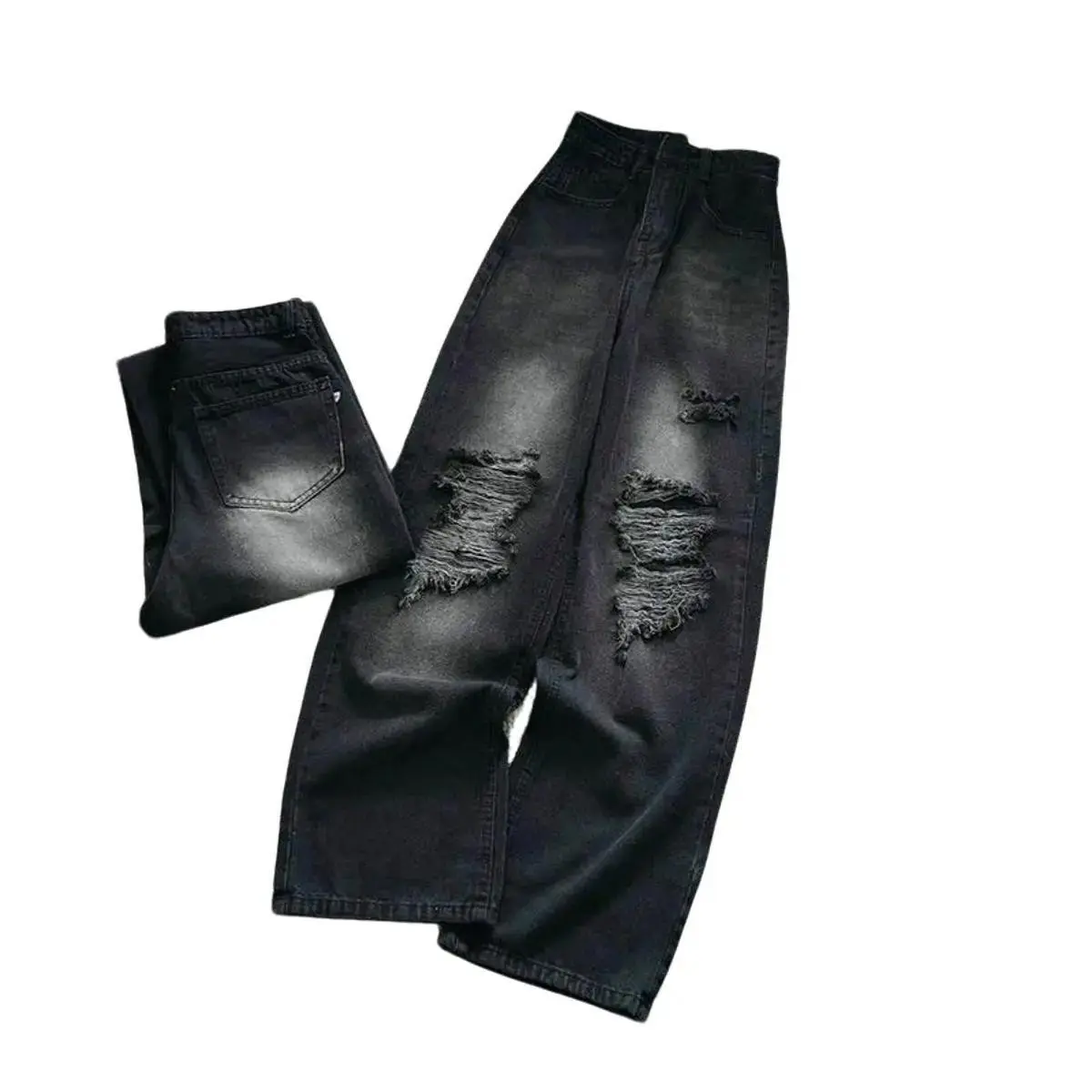 Quần jean ống rộng rách gối cơ bản Basic dễ mặc Nữ Ong Women Pants quầnốngrộng Denim Có Túi