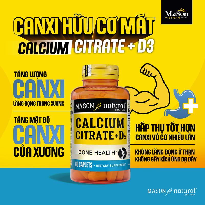 Canxi hữu cơ mát Mason Natural Calcium Citrate + D3 - Hỗ trợ bổ sung canxi cho mẹ bầu