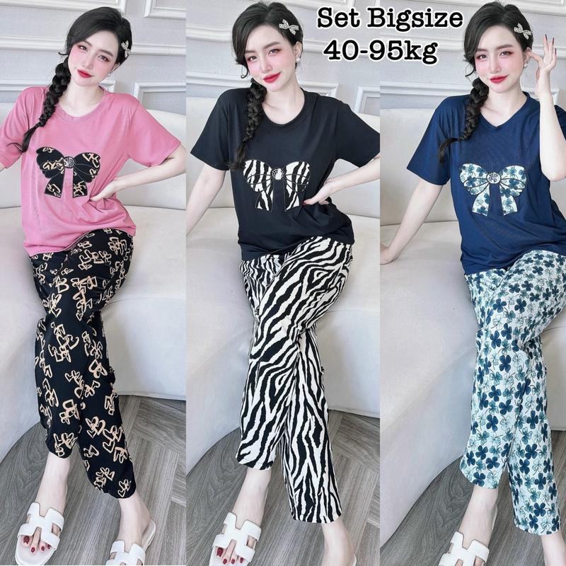 [Ưu Đãi Độc Quyền TTS] - Set Bộ Dài Bigsize Nữ Áo Thun Cổ Tròn Thêu Nơ Trước Ngực Phối Quần Mango Mịn Mát Dễ Thương Cao Cấp Xinh Đẹp Sang Trọng  50-95kg Áo Top Cotton Màu Nâu Sen Màu Đen Set Đồ Nữ đẹp Set Áo  Bộ Suit Nữ Sang Chảnh Bigsize Wome - 2093