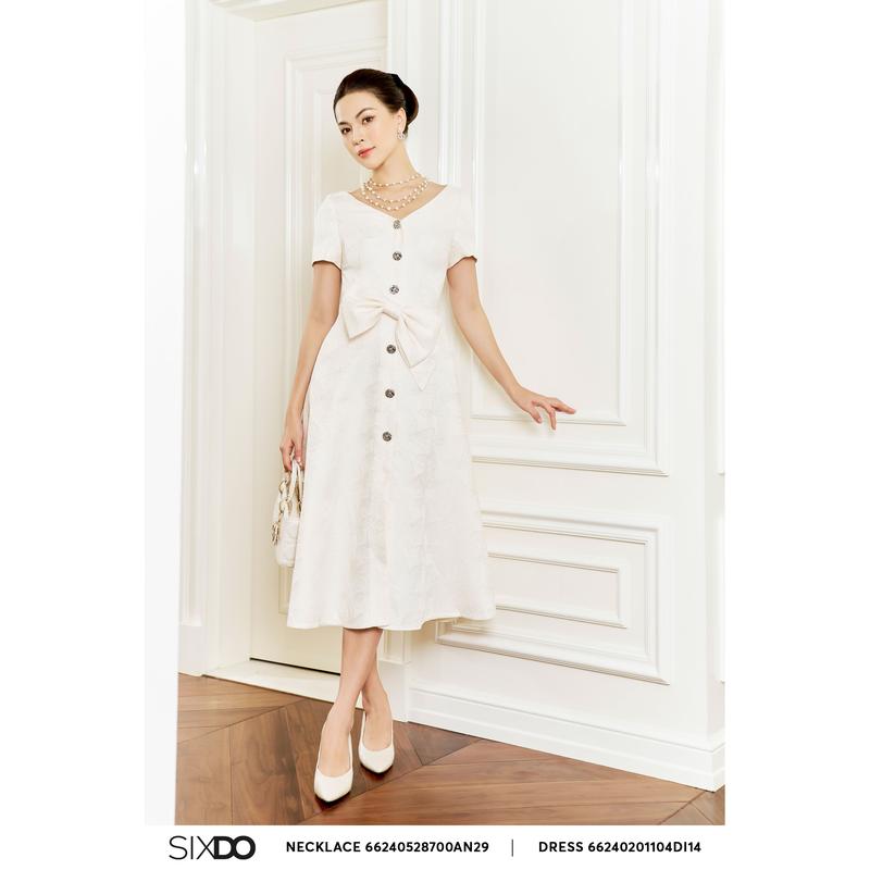  Đầm gấm nơ eo cổ V SIXDO  Cream V-neck Brocade Midi Dress  