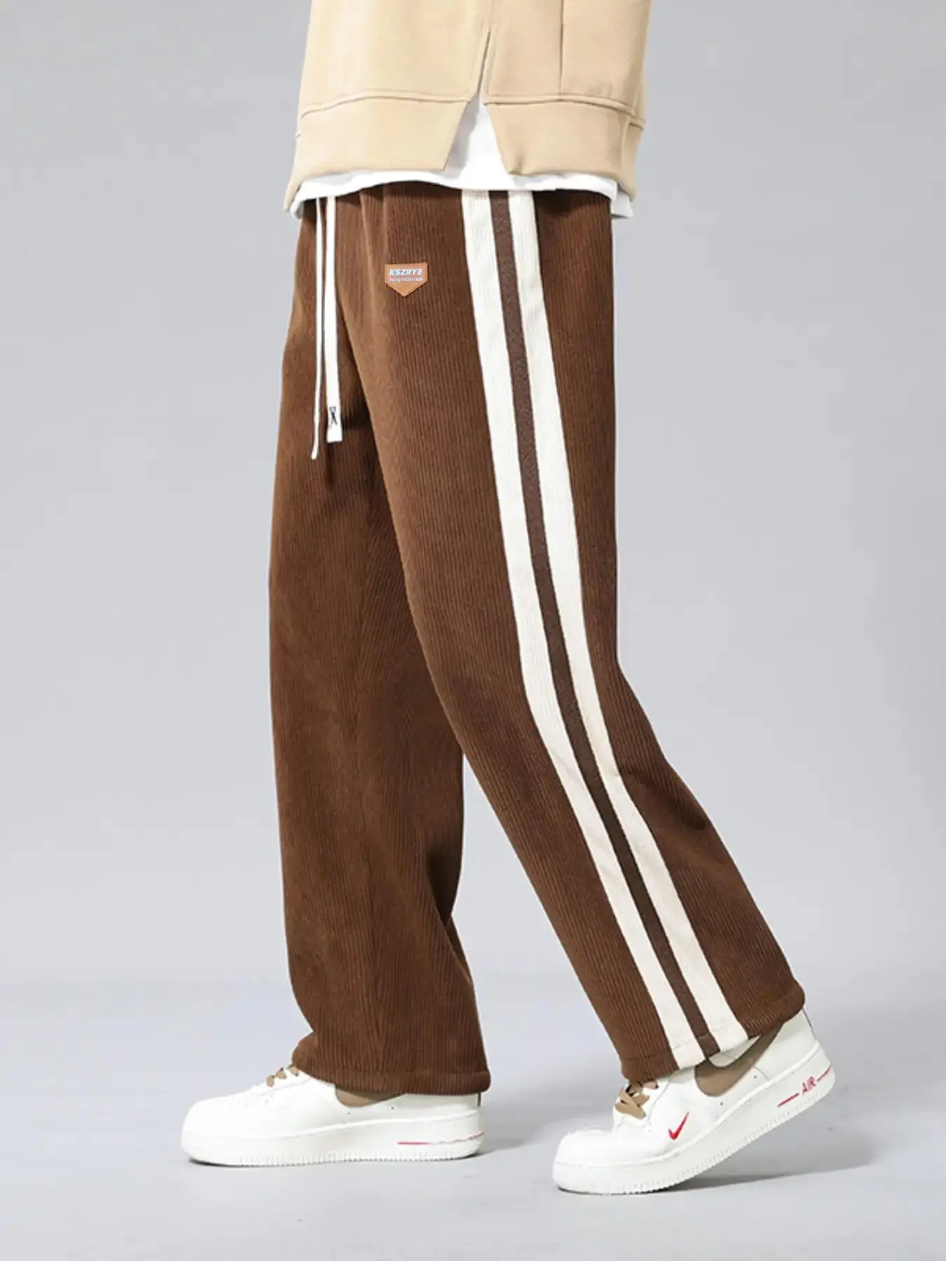 Men's Striped Print Patched Corduroy Pants, Menswear Stylish Loose Drawstring Pocket Straight Leg Trousers, Lazy School Outfit