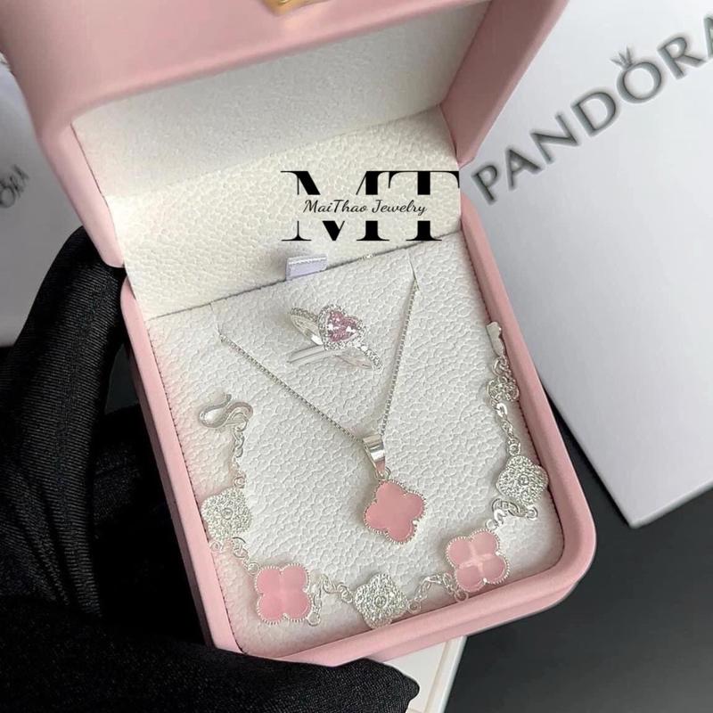 Set cỏ 4 lá Hồng xinh bạc ta (dây chuyền+ lắc tay + nhẫn)