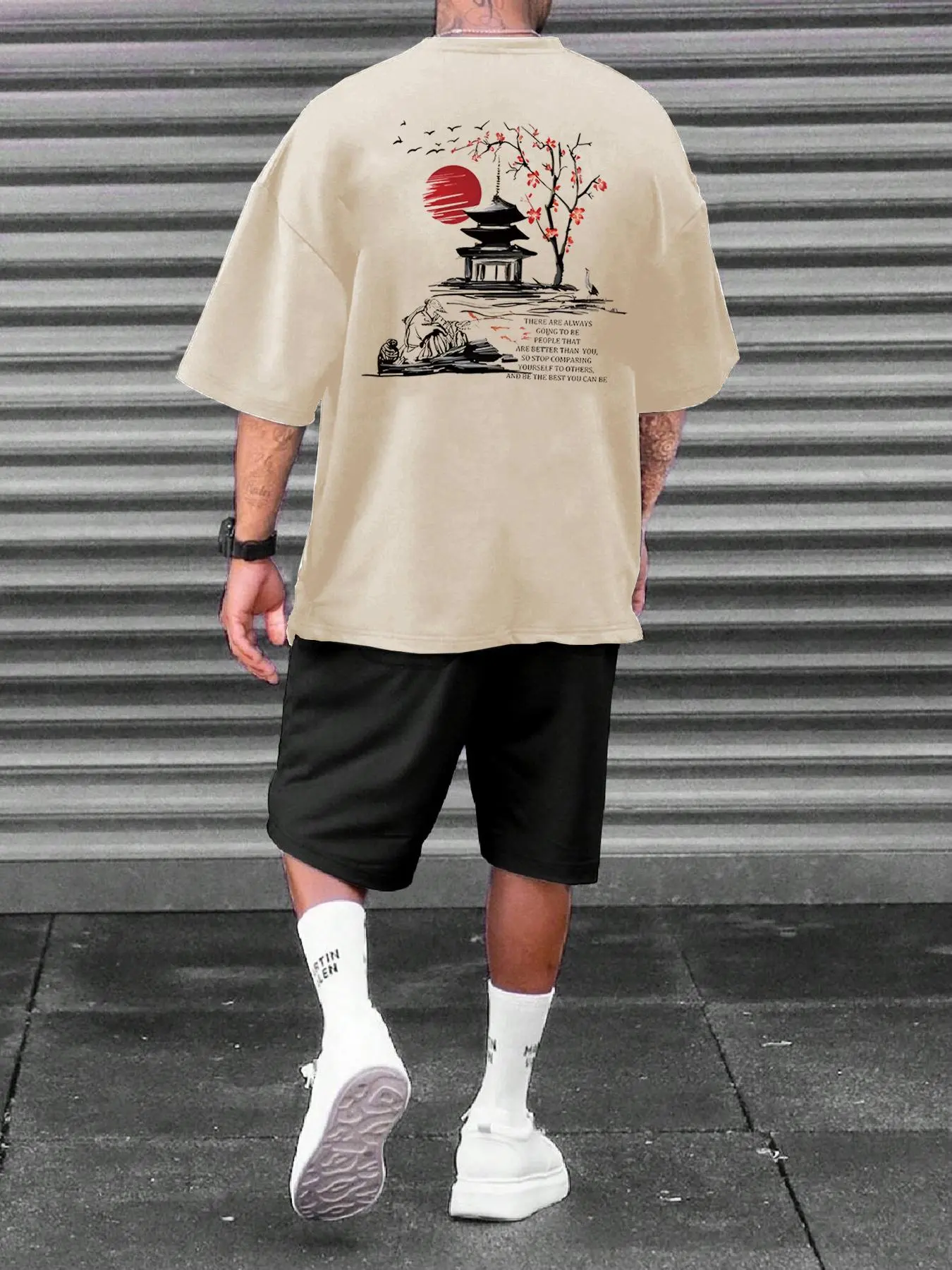 Two-piece Set Men's Landscape Graphic Print Drop Shoulder Tee & Drawstring Waist Shorts Set, Casual Style Loose Round Neck Short Sleeve T-shirt & Track Shorts, Summer Men's Clothes