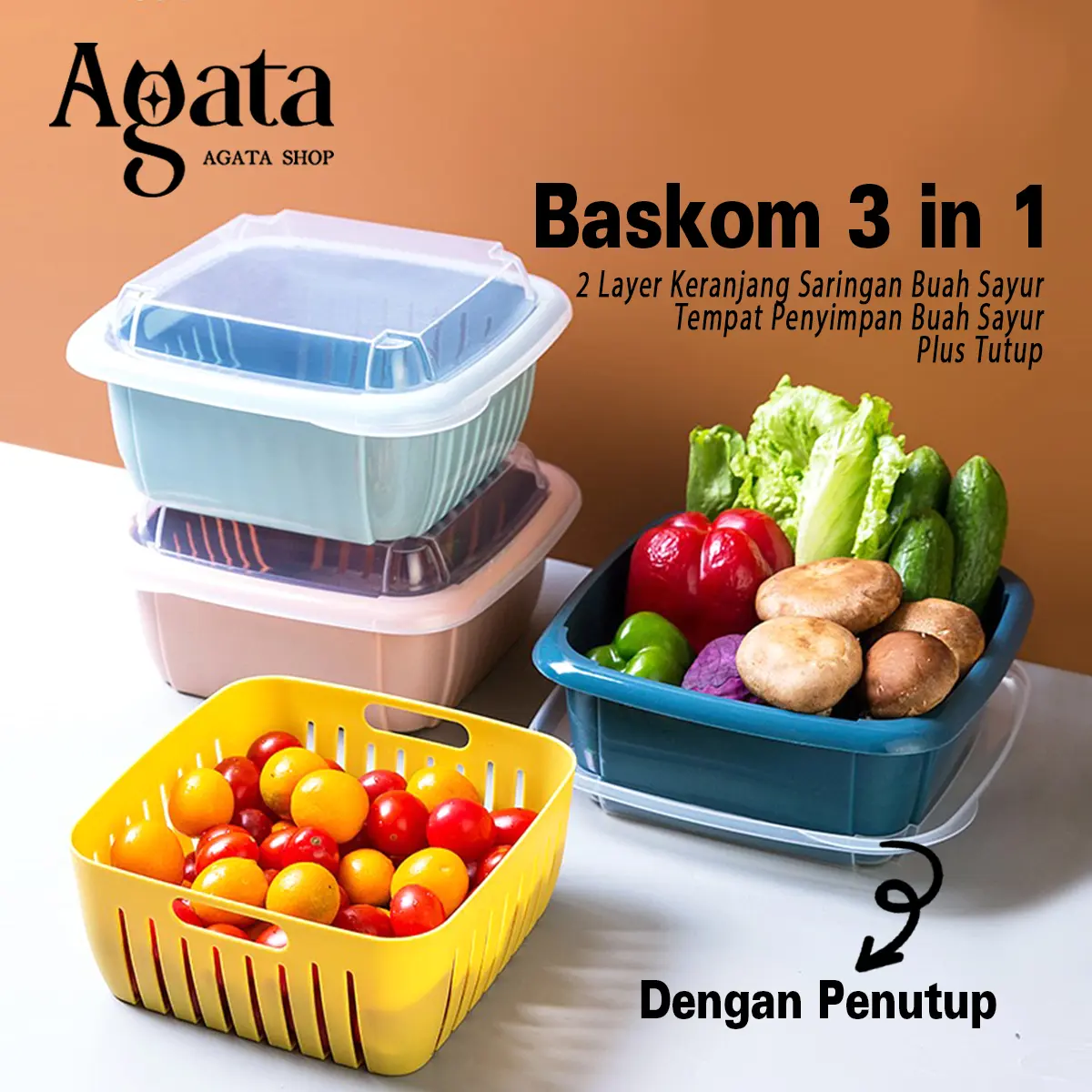 Baskom 3 in 1 Multifungsi  2 Layer Keranjang Saringan Buah Sayur + Tempat Penyimpan Buah Sayur + Plus Tutup