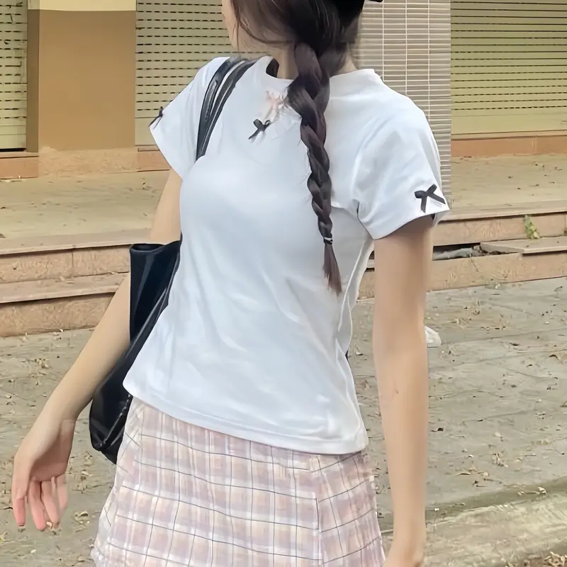 Áo Baby Tee - Đính nơ Ôm body - Chất Thun gân co giãn 2