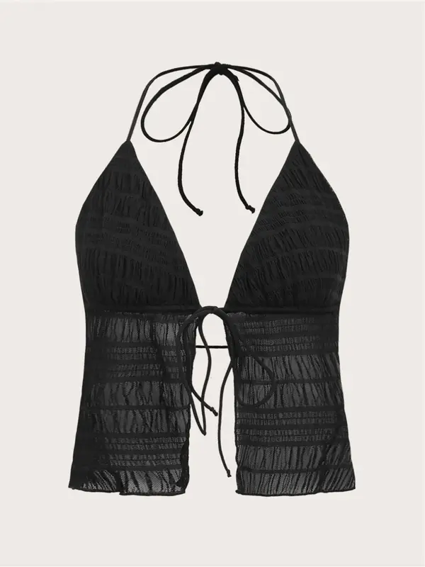 Women's Solid Color Tie Front Halter Top, Casual Backless Shirred Tie Back Sleeveless Top for Summer, Ladies Clothes for Beach Holiday Vacation 2