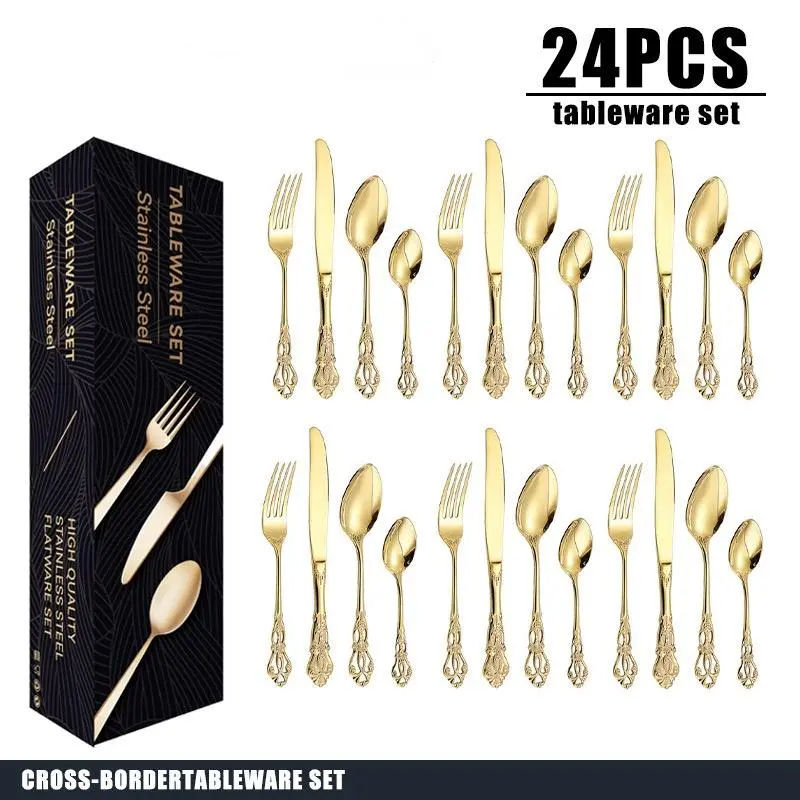 Stainless Steel Cutlery Set, 24pcs/set Including Knife, Fork & Spoon & Dessert Spoon, Household Tableware Set for Home Kitchen Dining Room 5
