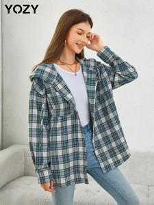 YOZY Women's Plaid Print Button Front Drawstring Hooded Shirt, Casual Long Sleeve Pocket Top for Daily Wear, Ladies Clothes for All Seasons