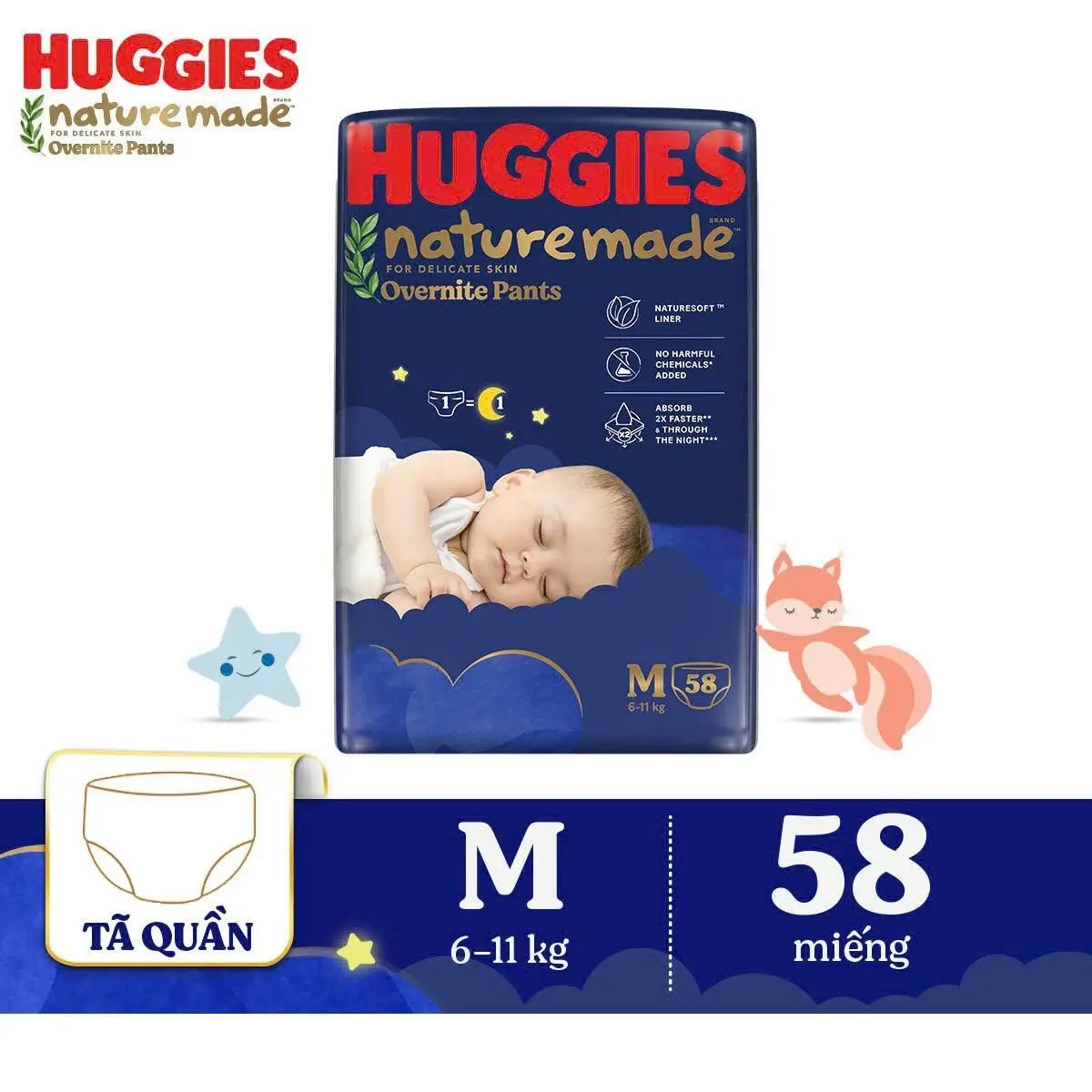 Tã quần Huggies Nature Made ban đêm M58/L44/XL38/XXL26 dán nb60 của hằng du mục