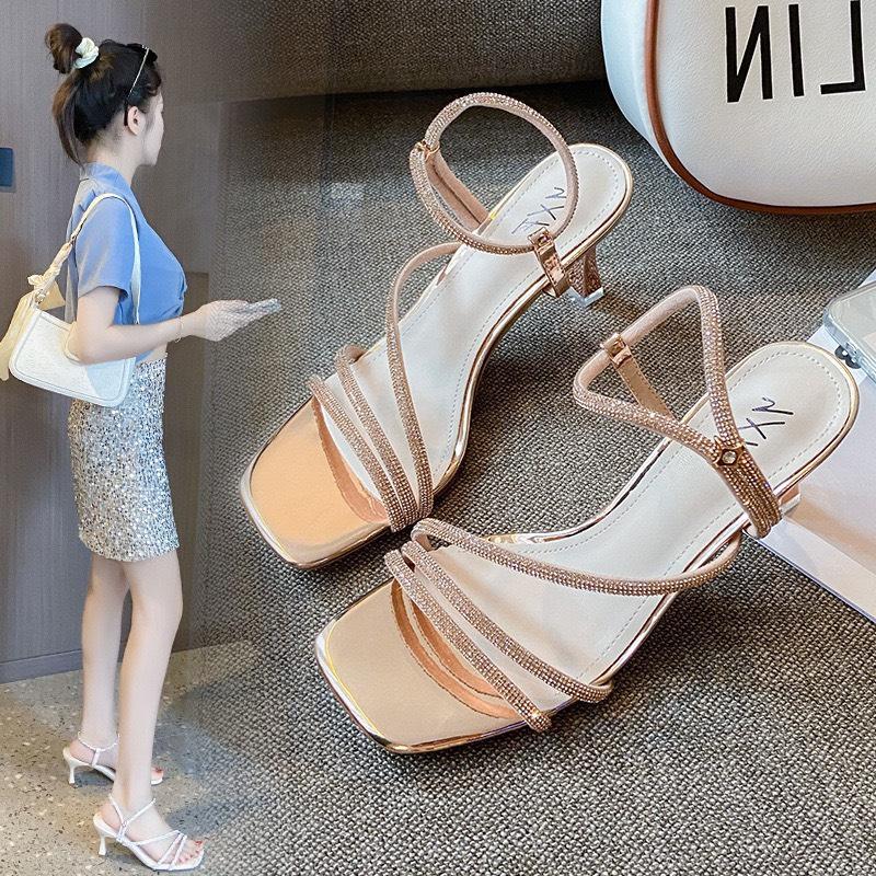 DéP Nữ Sandal cao gót 3 DÂY XOÀN KHÓA KÉO gót nhọn cao 7 phân mũi vuông Hà Mai store mã N46 giày  caogotnu