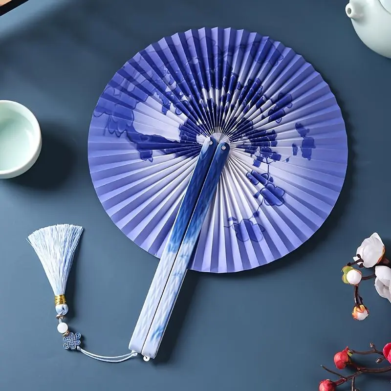 Chinese Folding Paper Fan, 1 Count Ancient Tassel Fan, Hanfu Qipao Classical Group Fan, Female Fan for Home Decor 8