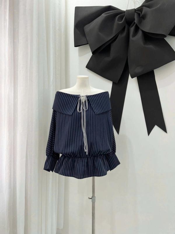 Bộ đồ nữ tay dài sọc dọc – Set áo cổ sen buộc nơ và quần short form rộng cho nàng thơ 1