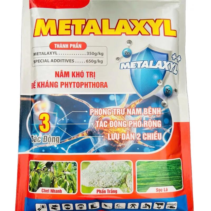 Sản phẩm phân bón lá Vàng Lá Thối Rễ.Hoạt Chất Matalaxyl 35% gói 200g pha 200 lít nước. Chuyên Phytopthora và Fusarium gây nên vàng lá thối rễ nứt thân xì mủ.