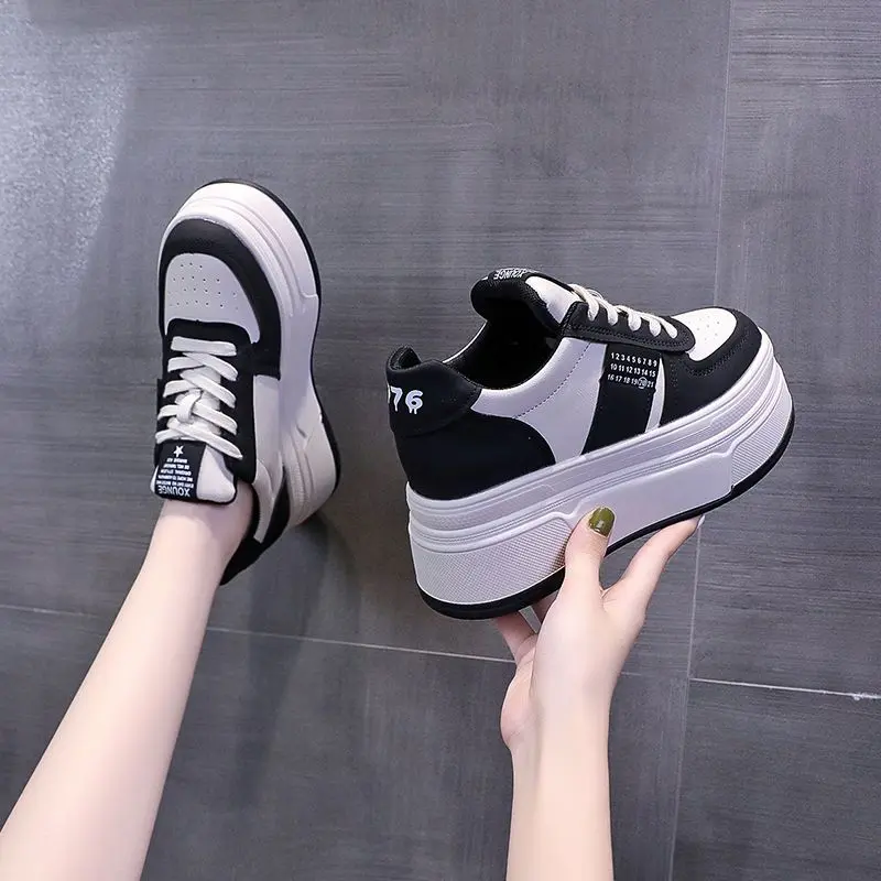 Height Increasing White Platform Shoes Women's 2024 Spring New Board Shoes Casual Shoes All-Match Thick Bottom Color Matching Fashion Sneaker