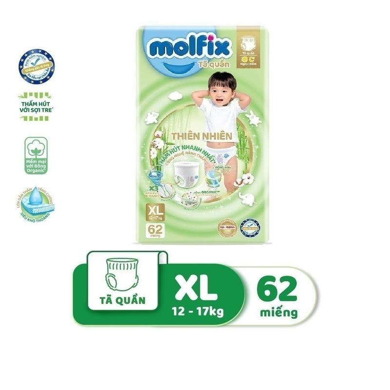 Bỉm quần Molfix bịch siêu đại Size XL 12-17kg -Gói 62 miếng Cho Bé