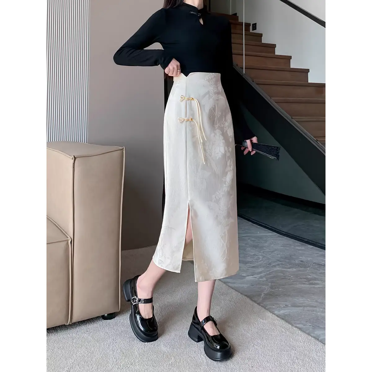 Chân Váy Bodycon Thời Trang Phong Cách Trung Quốc Thiết Kế Xẻ Bên Hông Cạp Cao Mỏng Vừa Vặn, Màu Trơn Chất Liệu Jacquard, Chân Váy Dài Trung Bình Thích Hợp Cho Mùa Hè, Hàng Mới Về Nữ Women Khuy