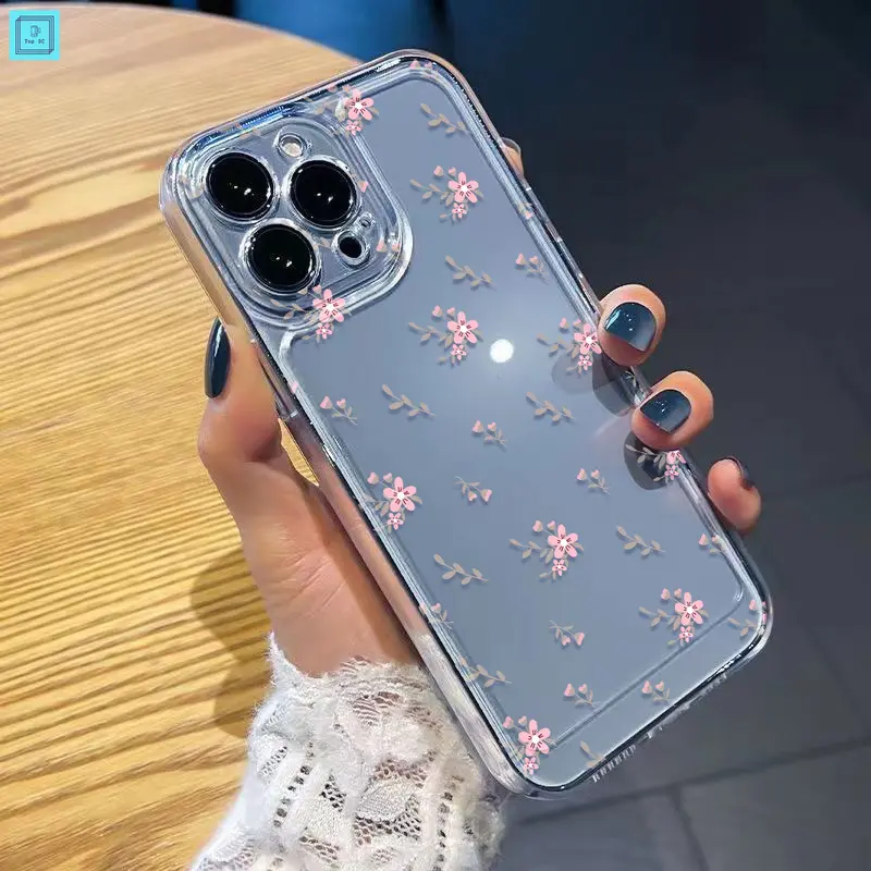 CASE SPACE BENING Softcase HP iPhone 11 12 13 14 PRO PROMAX XR  X XS XSMAX Iphone 7 8 SE2020 7plus 8plus 15promax Transparent High Quality INS-styleSmall Pink flowers for iCasing Ponsel 7
