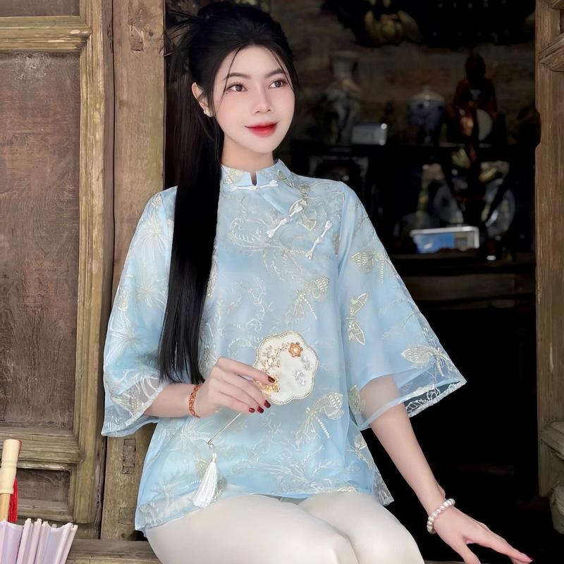 Bộ quần áo đi chùa HỒ ĐIỆP lụa cao cấp Nữ Women Voi Top Voan Sơ Mi Shirt - phapphucanhmun - Size S/M/L/XL