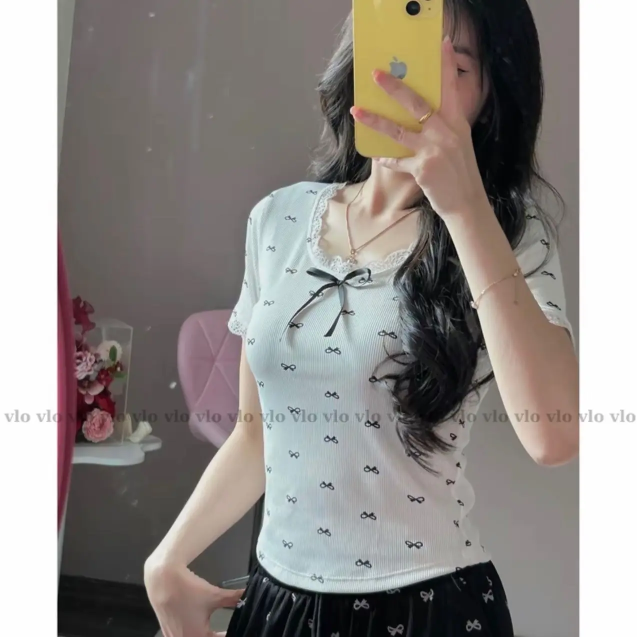 Áo nơ cổ thuyền viền ren tăm hàn form vừa
