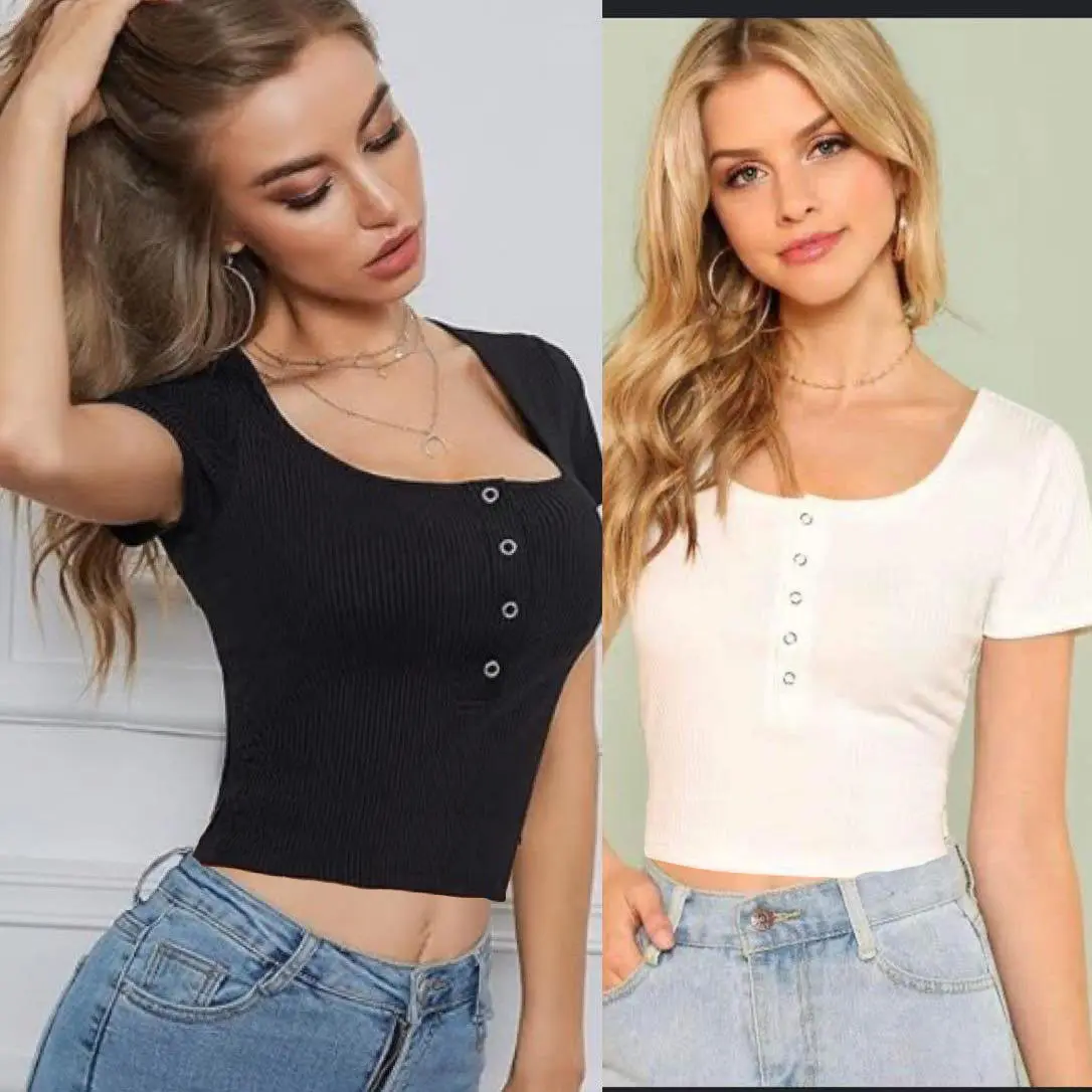 HALF BUTTON SNAP SQUARENECK CROP TOP, IMPORTED FROM BANGLADESH, Fashion OOTDKNIT RIB FABRIC, Stretch Fashion top, Cheap, mura