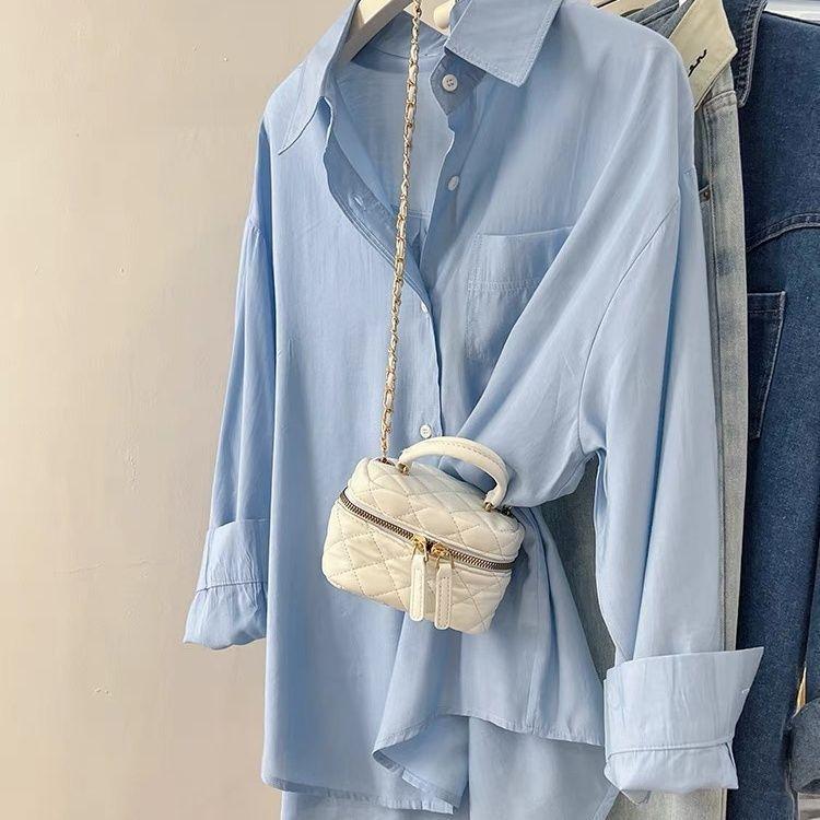 Áo Sơ Mi Xanh, Dáng Rộng Vừa Vặn, Dành Cho Nữ, Bộ Sưu Tập Xuân Thu 2024, Thiết Kế Đẹp, Áo Sơ Mi Váy Băng Quấn Độc Đáo Áo Khoác Thường Ngày Áo Dài Tay 0