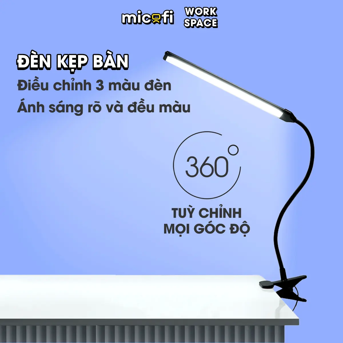 Đèn LED Bàn Học Đọc Sách Kẹp Bàn Làm Việc USB Cắm Điện, Đèn Kẹp Sách 3 Màu Chống Cận Xoay 360 Độ Chỉnh Độ Sáng