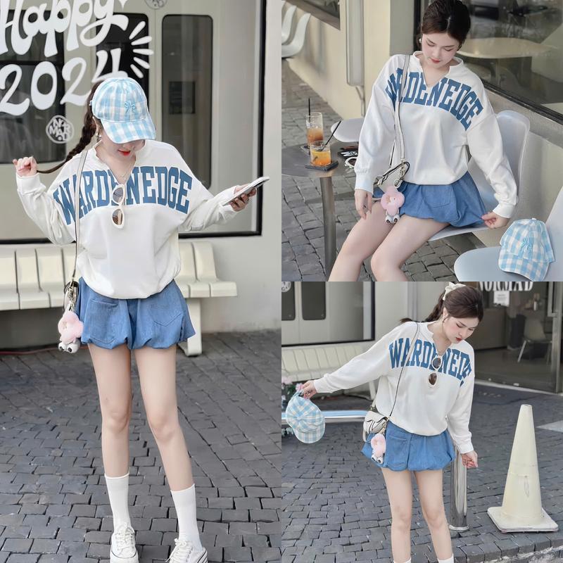 Set Bộ Đồ Nữ Áo Nỉ Dài Tay Cổ V 2 Tầng Hình In Chữ Mix Quần Bí Ngô Chất Bò Có Lót Trong