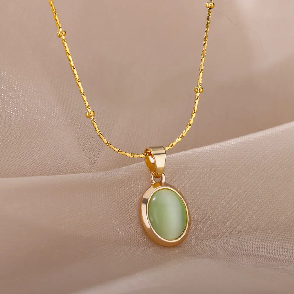 Fashion Stone Opal Oval Necklace For Women Stainless Steel Gold Color Oval Stone Pendant Necklace Wedding Aesthetic Jewelry Gift