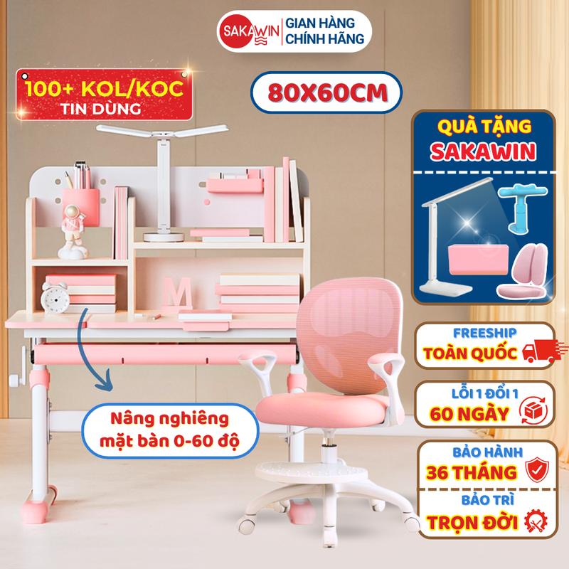 Bộ bàn học chống gù Sakawin S80, Bàn học sinh có giá sách cho bé Giúp bé ngồi chuẩn tư thế, Nâng hạ chiều cao linh hoạt