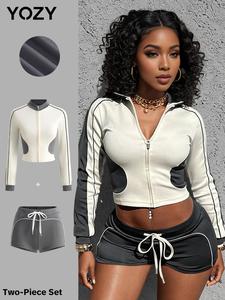 YOZY Women's Colorblock Zip Up Jacket & Drawstring Waist Shorts Two-Piece Set, Casual Long Sleeve Mock Neck Outerwear & Track Shorts for Daily Wear, Ladies Two-piece Outfits for All Seasons