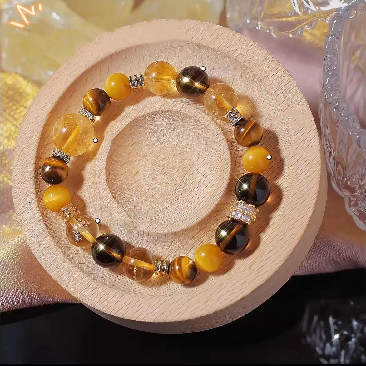 Jinba Comprehensive Tiger Eye Stone Yellow Crystal Design Bracelet for Women, Sparkling Gold Tiger Eye Couple Bracelet, Holiday Gift