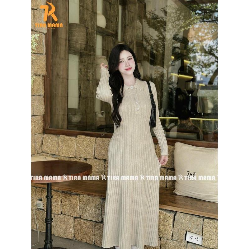 Tira Mama Design V1754 Váy bầu váy tăm xoè cổ polo Bầu bí bon chen Váy len dáng dài co giãn tốt