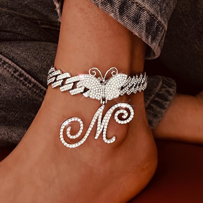 Trendy Shiny Butterfly Cursive Letter Cuban Chain Anklet For Women A-Z ...