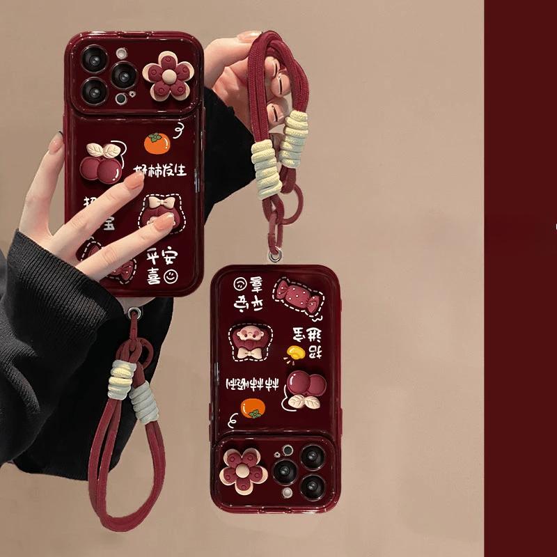 Gương Lật Màu Đỏ Rượu Vang Ốp Điện Thoại, Bao Gồm Tất Cả, Chống Rơi, Dây Treo Dây Đeo, Thích Hợp Cho IPhone 16, 15, 14, 13, 12, 11, Pro Max, XSmax, XR, XS, 8, 7Plus, Bảo Vệ Điện Thoại