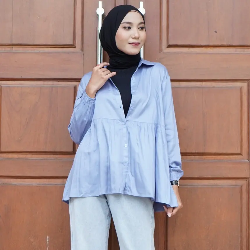 Belle Shirt Katun Rayon twill Polos Tangan Karet Atasan Wanita Panjang