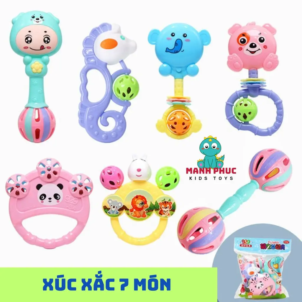 Đồ chơi Xúc xắc 7 món hình con vật, đồ chơi cho trẻ sơ sinh, âm thanh vui nhộn kích thích thính giác và thị giác cho bé.
