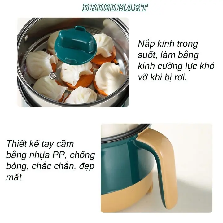 Nồi Lẩu Điện Mini Nấu Mì 2 Tầng Kèm Giá Hấp Đa Năng Nướng, Luộc, Chiên Chống Dính Vấn Đá Tiện Lợi Nồi Điện 7