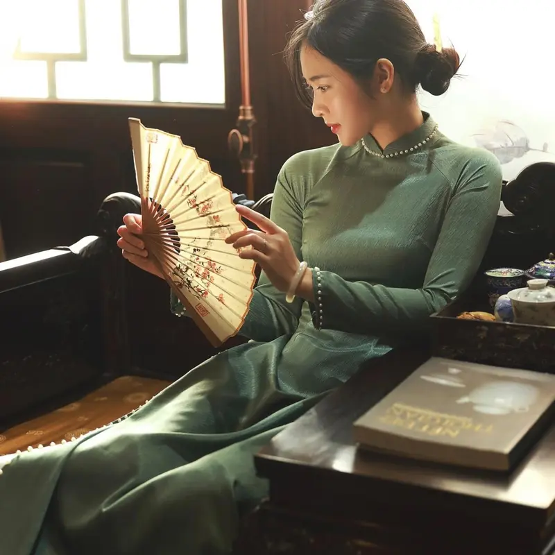Áo dài lụa vân gỗ 4 màu kiểu dáng truyền thống Nữ Dress 7