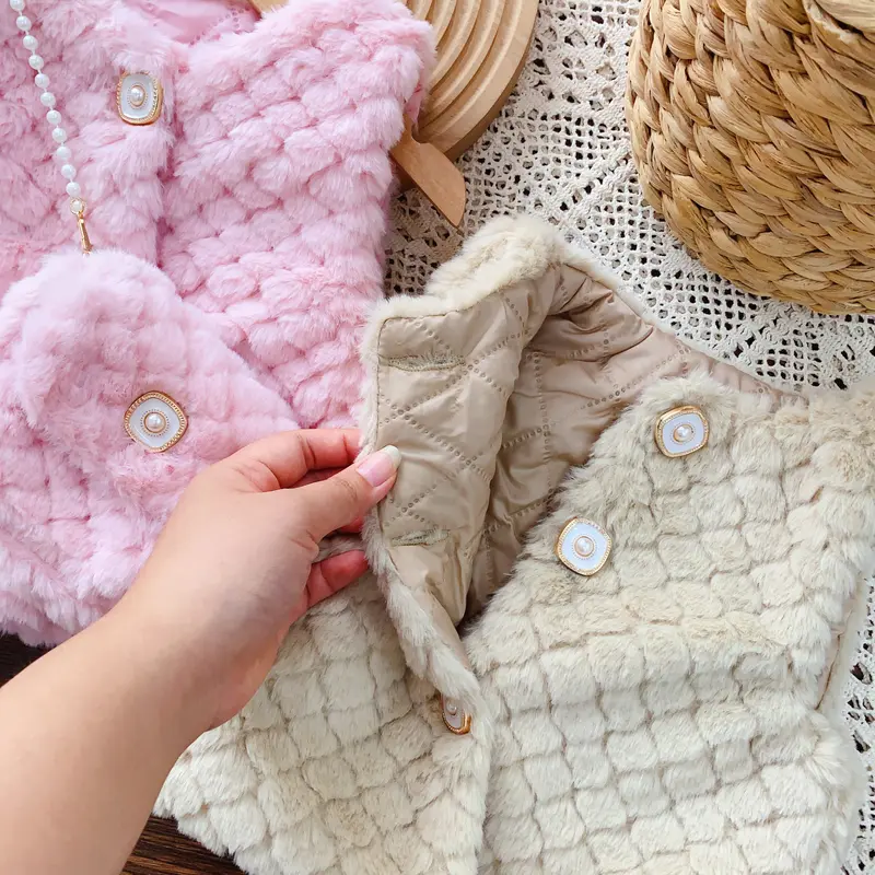 Áo gile lông cho bé, 2 màu hồng/nâu kèm túi cúc ngọc, bên trong trần trám size 8-15kg 2