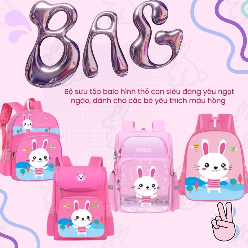 Nhiều Mẫu Balo Học Sinh Họa Tiết Thỏ, Cặp Đi Học Hình Thỏ Mẫu Mới, Balo Chống Thấm Nước, Chống Gù Lưng, Balo Đeo Vai Cho Bé 0