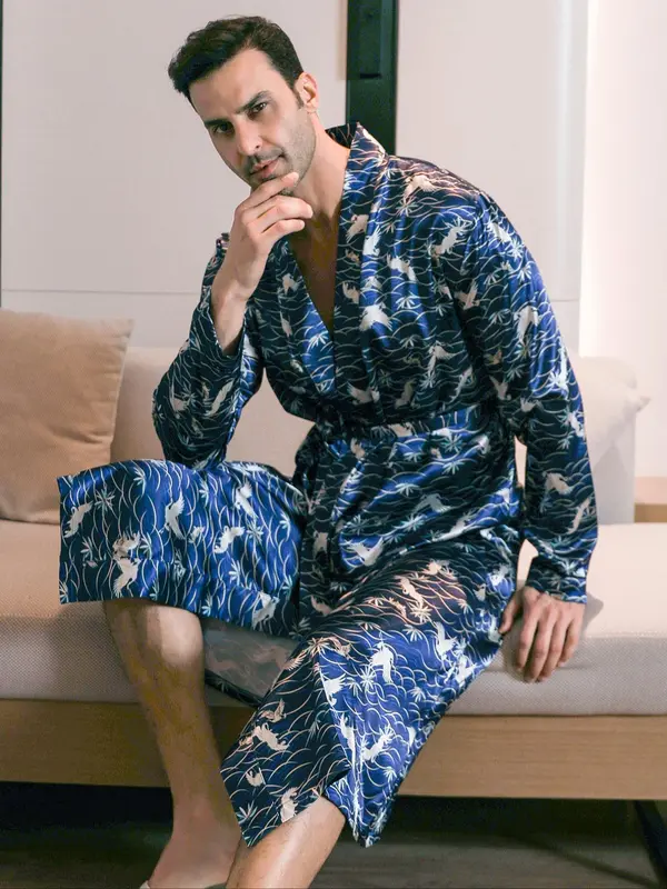 Men's Regular Fit All Over Print Satin Robe with Waist Belt Design, Casual Long Sleeve Shawl Collar Satin Dressing Gown for Summer, Fashion Men's Sleepwear 6