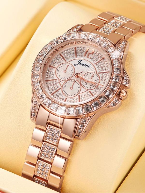 Women's Elegant Rhinestone Decor Quartz Watch, Fashion Round Dial Analog Watch for Women & Girls, Trendy All-match & Exquisite Watch for Birthday Gift, without Box 0